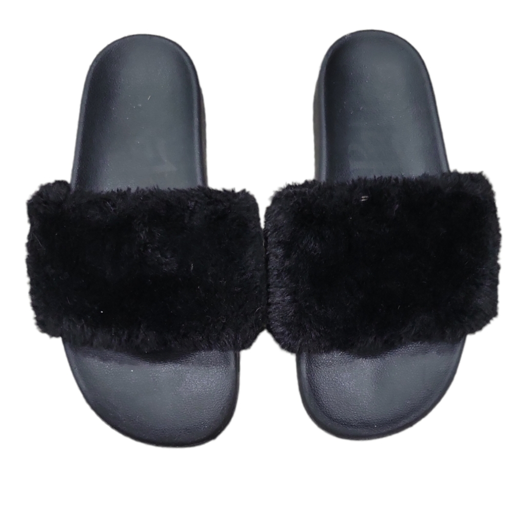 Black Furry Slides Size 8